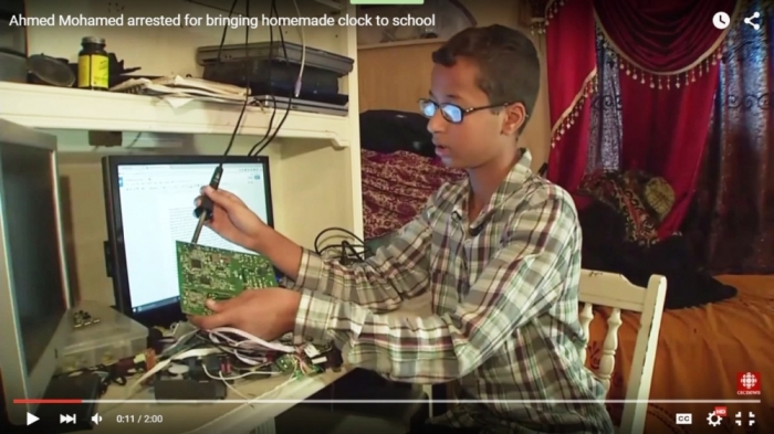 Teenager Ahmed Mohamed from Irving, Texas, was arrested for bringing a homemade clock to school that looks like a bomb, September 2015.