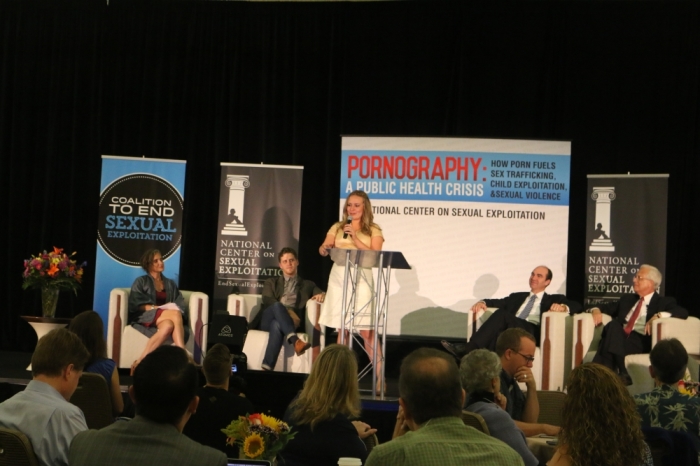 Dawn Hawkins, vice president and executive director of the National Center on Sexual Exploitation, speaks at the second annual Coalition to End Sexual Exploitation Summit in Orlando, Florida, September 12, 2015.