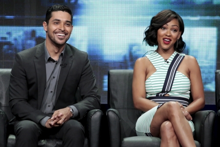Cast members Wilmer Valderrama (L) and Meagan Good (R) participate in the FOX "Minority Report" panel at the Television Critics Association (TCA) Summer 2015 Press Tour in Beverly Hills, California, August 6, 2015.