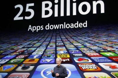 Apple CEO Tim Cook at an investor presentation regarding the App Store. 