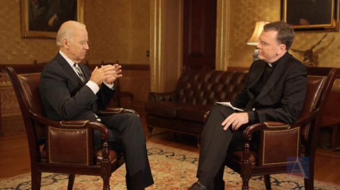Joe Biden (L) in an interview with Father Matt Malone, S.J., editor in chief of America, conducted on September 17, 2015 in Washington, D.C.