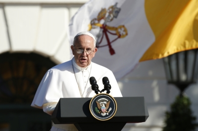 Pope Francis speaks during a ceremony welcoming him to the White House in Washington, D.C., Sept. 23, 2015.