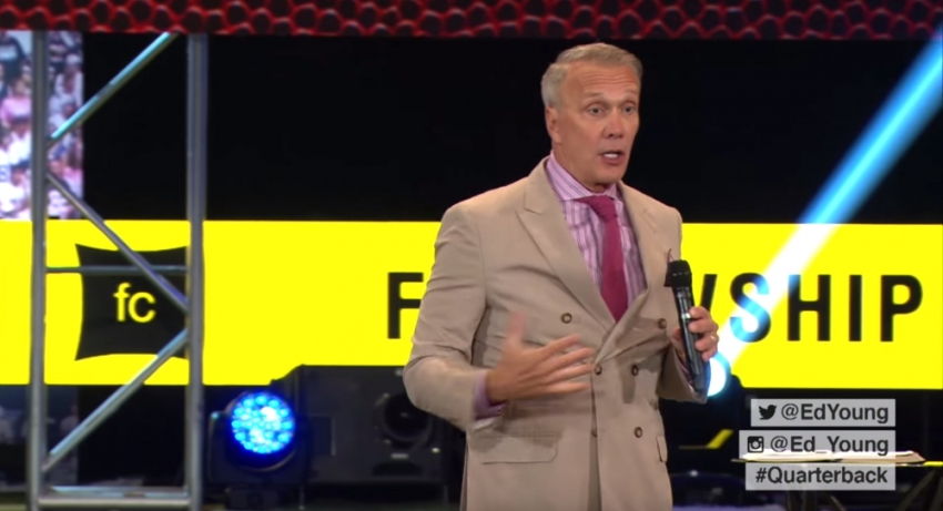 Pastor Ed Young preaching on "the huddle" in Christian life during a service at Fellowship Church in Grapevine, Texas, September 28, 2015.
