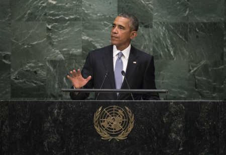 President Barack Obama of the United States of America addresses the general debate of the General Assembly's 70th session Monday, September 28, 2015, at the United Nations in New York City.