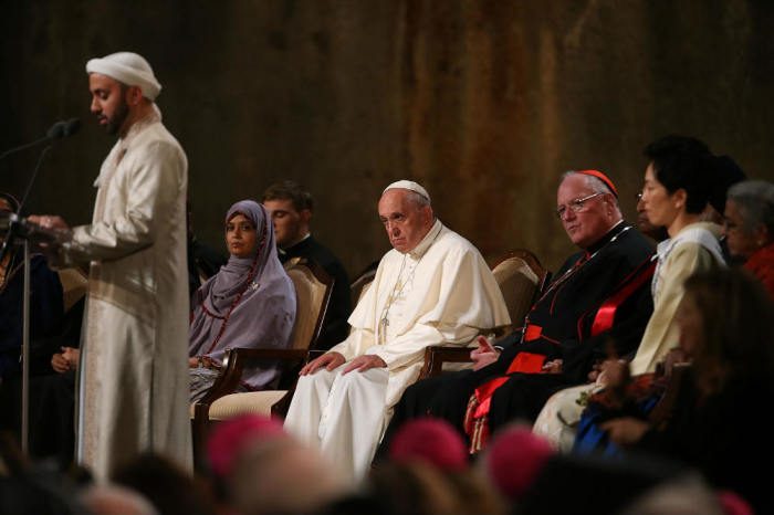 Pope Francis looks on during a multi-religious prayer for peace gathering at the 9/11 Memorial and Museum on September 25, 2015, in New York City.
