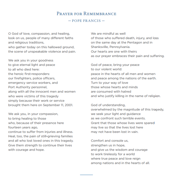 Pope Francis's prayer of remembrance delivered during a multi-religious gathering at the National September 11 Memorial and Museum in New York City on September 25, 2015.