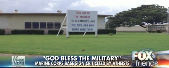 'God bless the military' sign on a U.S. Marine Corps base in Hawaii, displayed in a September 28, 2015, video.