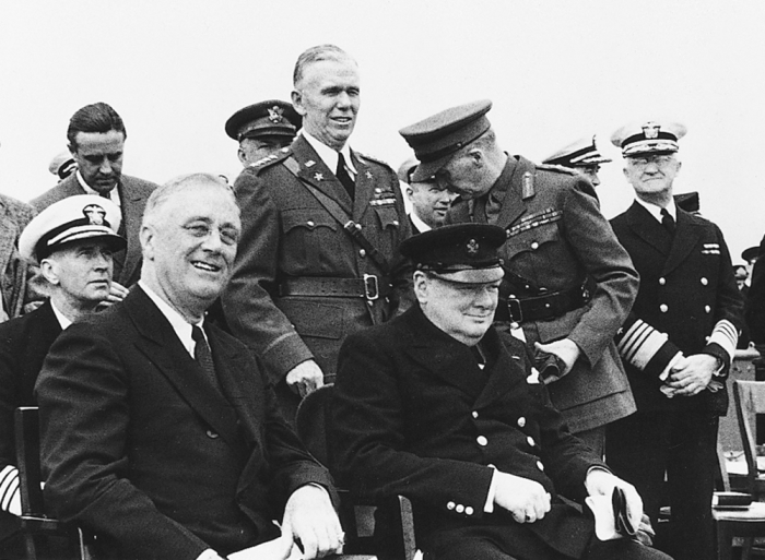 The late Winston Churchill, prime Minister of Great Britain, and the late U.S. President Franklin D. Roosevelt (L) are shown in this undated photograph.
