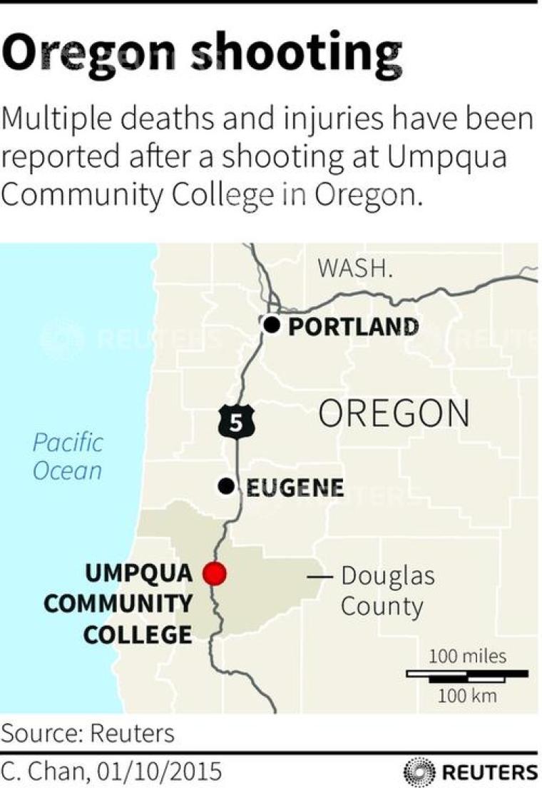 Spot map locates Umpqua Community College in Oregon, where a shooting occurred on Thursday, October 1, 2015.