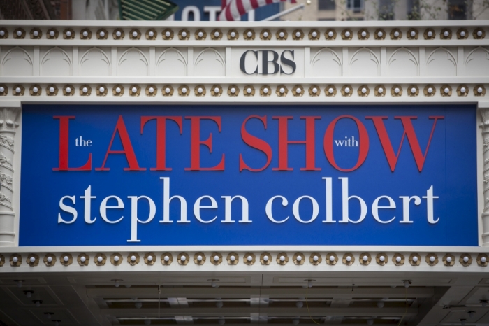 The marquee for 'The Late Show with Stephen Colbert' is seen on the Ed Sullivan Theater in Manhattan, New York, August 21, 2015. Colbert is set to host the show, which was previously presented by David Letterman.