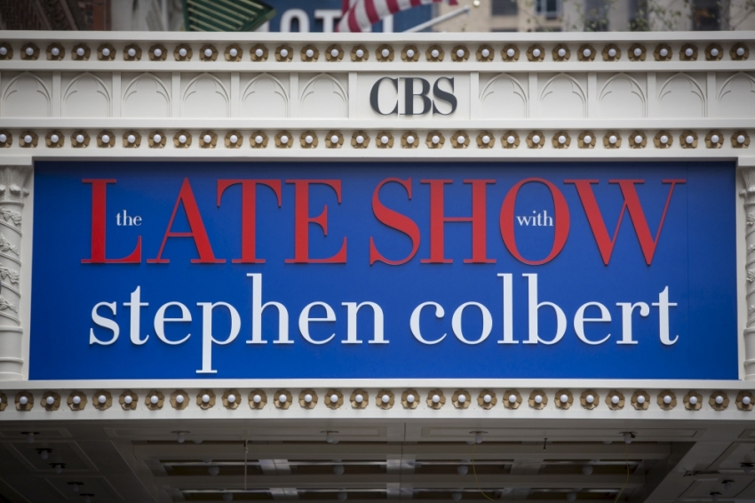 The marquee for "The Late Show with Stephen Colbert" is seen on the Ed Sullivan Theater in Manhattan, New York, August 21, 2015. Colbert is set to host the show, which was previously presented by David Letterman.