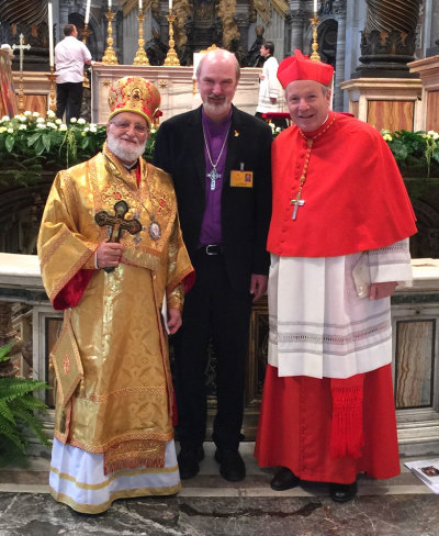 In the center of St Peter's Church after the opening of the Vatican Synod on Family on Sunday, October 4, 2015. From left: Patriarch Gregory III Laham of Damascus, head of all Catholics of Eastern rites; Thomas Schirrmacher, executive chair of the Theological Commission of the World Evangelical Alliance; Cardinal Christoph Schönborn, Archbishop of Vienna and opening speaker of the Synod.