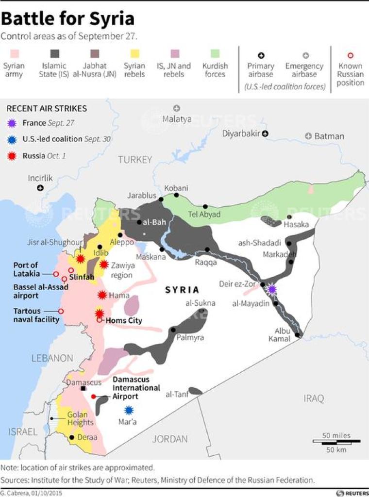 Map of Syria showing control by cities and areas held as of Sept. 27. Includes location of recent air strikes.