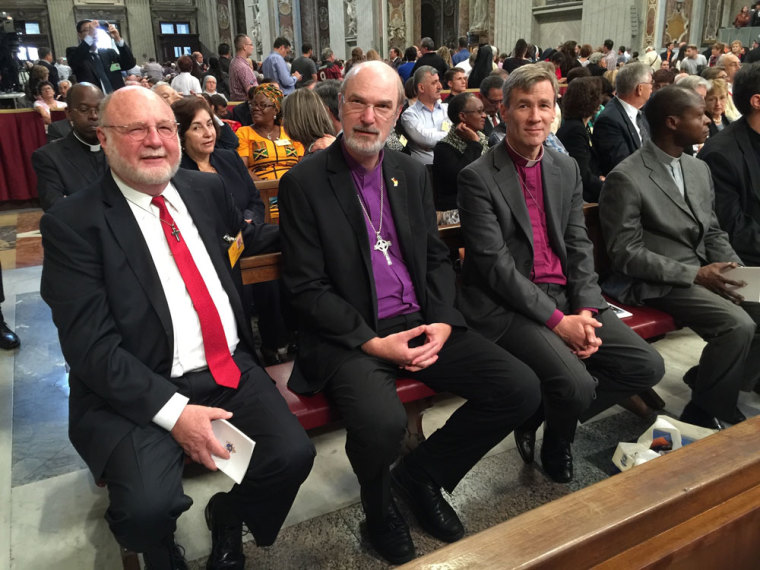 Three fraternal delegates at the opening mass of the Vatican Synod on Family in St. Peter's Church on Sunday, October 4, 2015. From Left: The Rev. Dr. A. Roy Medley, general secretary of the Baptist Churches in the United States of America; Dr. Thomas Schirrmacher, executive chair of the Theological Commission of the World Evangelical Alliance; and His Eminence Mar Youstinos Boulos, archbishop of Zahle and Bekaa, Lebanon Anglican Communion.