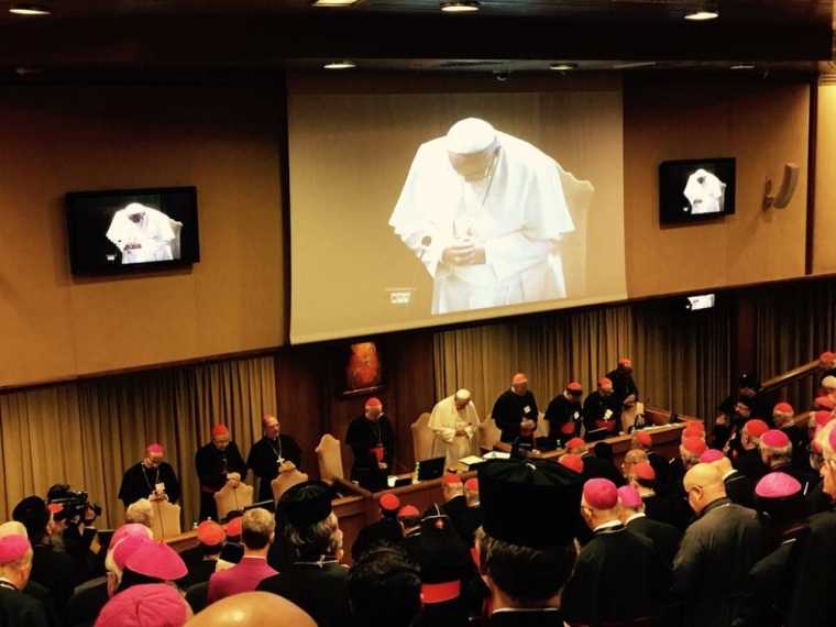 Pope Francis praying at the Vatican Synod on Family in St. Peter's Church on Oct. 5, 2015, Vatican City.