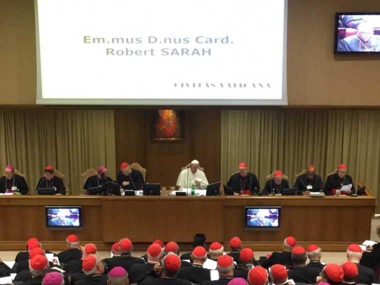 The Vatican Synod on Family. Leadership is on the stage with Pope Francis, in white, seated in the middle, on Oct. 5, 2015, St. Peter's Church, Vatican City.