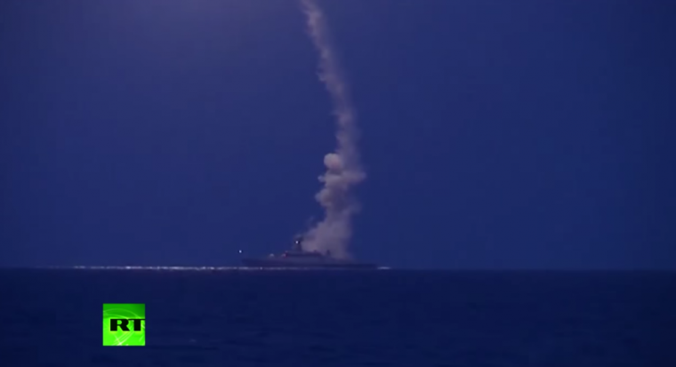 Russian Navy firing missiles to combat Islamic State in Syria.