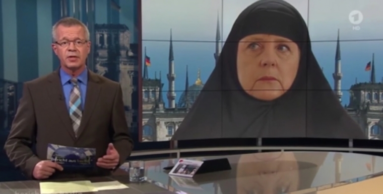 German TV channel ARD has sparked outrage after using this mocked-up image of Angela Merkel wearing an Islamic headscarf against a backdrop of the Reichstag surrounded by minarets during a debate on migration, in this image captured October 2015.