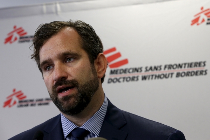 Jason Cone, United States Executive Director of Medecins Sans Frontieres (Doctors Without Borders) (MSF) speaks during a press briefing in New York City, October 7, 2015. Medecins Sans Frontieres (MSF) on Wednesday called for the International Humanitarian Fact-Finding Commission to be activated for the first time since its 1991 creation to investigate the deadly U.S. air strike on an Afghan hospital.