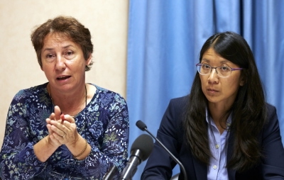 Francoise Saulnier, Medecins Sans Frontieres (MSF) legal counsel gestures next to Joanne Liu, President of MSF International, during a news conference in Geneva, Switzerland, October 7, 2015. Medecins Sans Frontieres (Doctors Without Borders) called on Wednesday for an independent international fact-finding commission to be established to probe the deadly U.S. bombing of its hospital in Kunduz, Afghanistan.