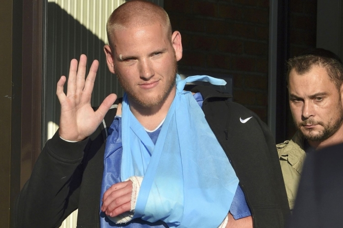 Spencer Stone leaving a hospital in France following the train terror attack in August.