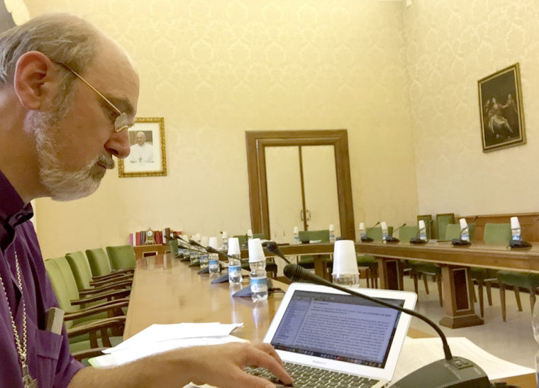 Dr. Thomas Schirrmacher of the World Evangelical Alliance working on a sentence of the synod document in the pause in the central room of the Congregation of Faith in the Vatican on October 8, 2015.