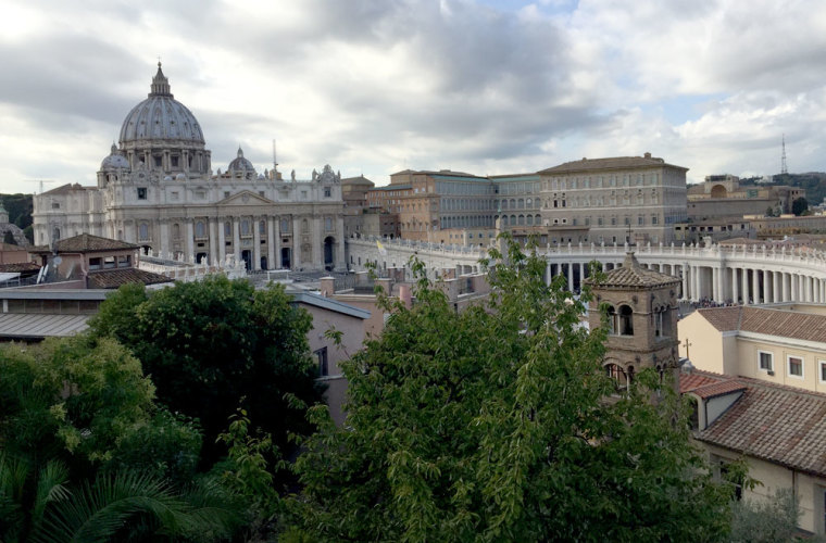 St Peter’s and the Apostolic Palace as seen from from the garden on the roof of the headquarter of the Jesuit order on Oct. 8, 2015.