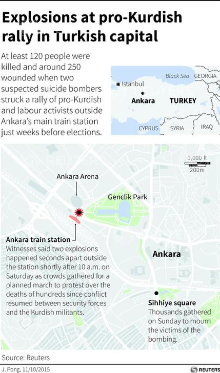 Map locating site of explosions in Ankara, the capital of Turkey, where at least 95 people were killed when two suspected suicide bombers struck on Saturday.
