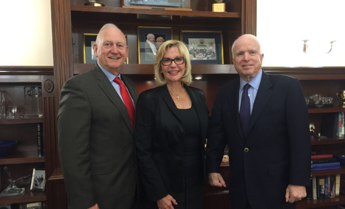 Republican Senator John McCain (Right) at his office alongside Sandy Rios of the American Family Radio (Center) and retired General Jerry Boykin (left), executive vice president of the Family Research Council.