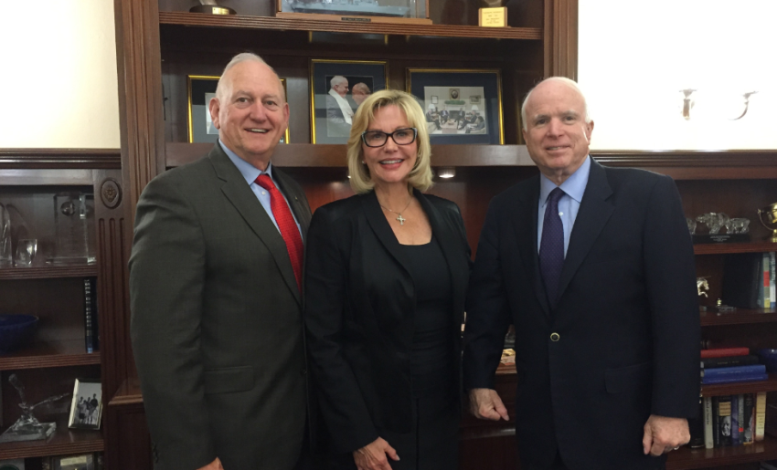 Republican Senator John McCain (Right) at his office alongside Sandy Rios of the American Family Radio (Center) and retired General Jerry Boykin (left), executive vice president of the Family Research Council.