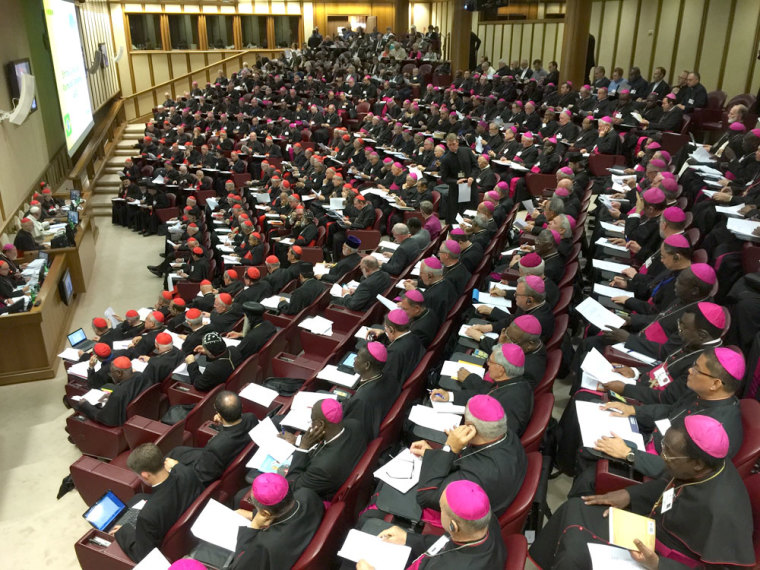 Photo of the Vatican Synod on Family 2015 as seen from the cabinet of the translators on Friday, October 9, 2015. The Pope is on the left side in white.