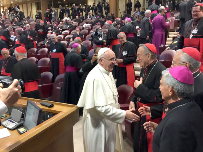 Pope Francis talking to delegates at the Vatican Synod on the Family on Friday, October 9, 2015. Fraternal delegate Thomas Schirrmacher, who is reporting daily from the Vatican exclusively for CP, notes how accessible Pope Francis is before and after plenary sessions compared to the previous pope.