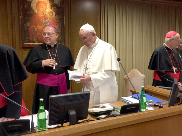 Pope Francis prepares for the liturgy during the Vatican Synod on Family on October 9, 2015.