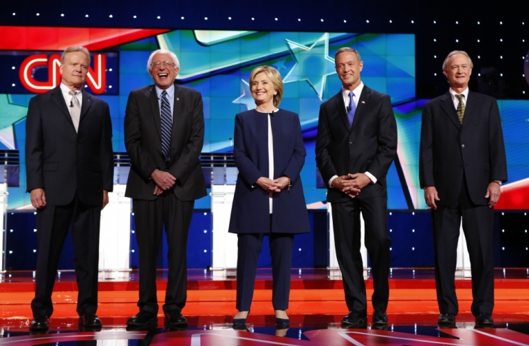 Democratic U.S. presidential candidates (L-R) former U.S. Senator Jim Webb, U.S. Senator Bernie Sanders, former Secretary of State Hillary Clinton, former Maryland Governor Martin O'Malley and former Governor of Rhode Island Lincoln Chafee pose before the start of the first official Democratic candidates debate of the 2016 presidential campaign in Las Vegas, Nevada, October 13, 2015.