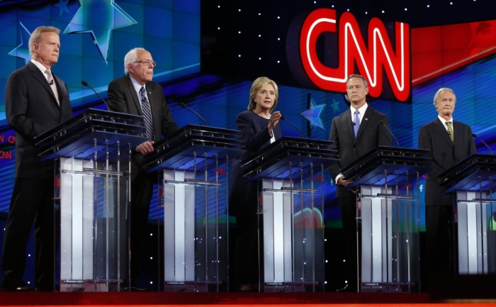 Democratic U.S. presidential candidates (L-R) former U.S. Senator Jim Webb, U.S. Senator Bernie Sanders, former Secretary of State Hillary Clinton, former Maryland Governor Martin O'Malley and former Governor of Rhode Island Lincoln Chafee attend the first official Democratic candidates debate of the 2016 presidential campaign in Las Vegas, Nevada, October 13, 2015.