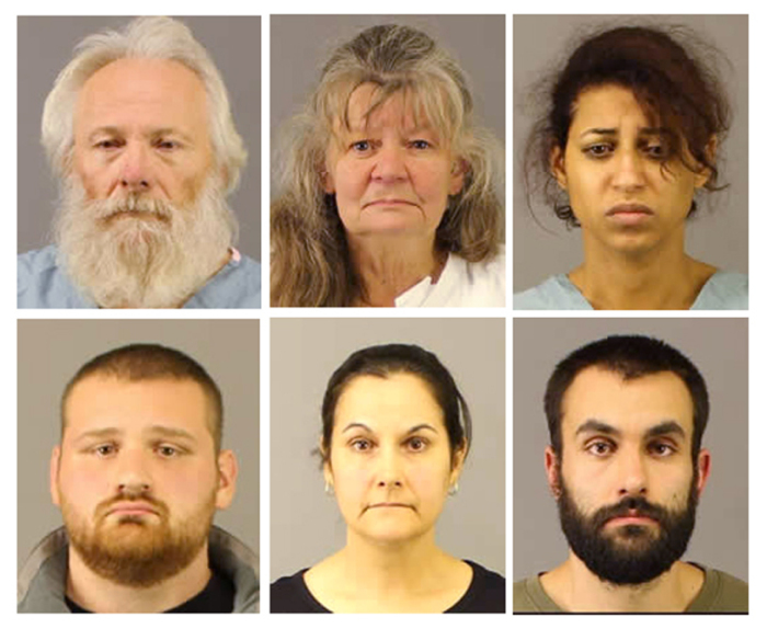 Bruce Leonard, Deborah Leonard, Sarah Ferguson (top L-R), Joseph Irwin, Linda Morey, and David Morey (bottom L-R) are pictured in this combination of undated handout booking photos provided by the New Hartford Police Department. Bruce and Deborah Leonard were charged with manslaughter in the death of their 19-year-old son after allegedly beating him for hours during a family counseling session inside the 'sanctuary room' of an upstate Christian church, in New York, police said on October 14, 2015.