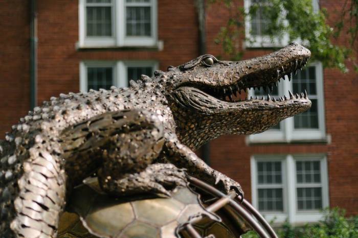 Gator statue outside of Heavener Hall on the University of Florida Campus in Gainesville, Florida.
