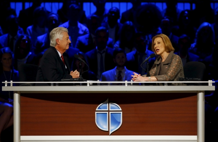 U.S. Republican presidential candidate Senator Carly Fiorina answers questions from Jack Graham, Pastor of Prestonwood Baptist Church, at the North Texas Presidential Forum hosted by the Faith & Freedom Coalition and Prestonwood Baptist Church in Plano, Texas, October 18, 2015.