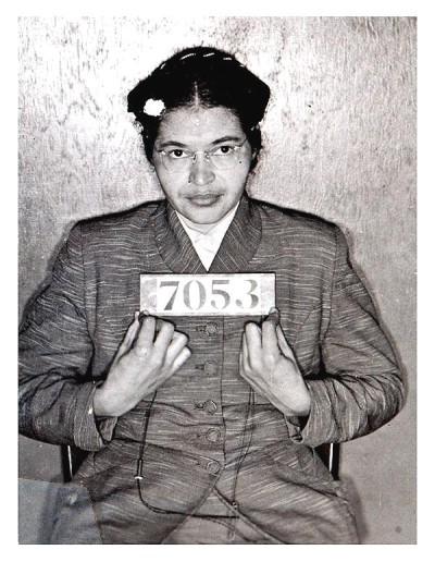 Rosa Parks booking photo following her February 1956 arrest for civil disobedience during the Montgomery Bus Boycott.