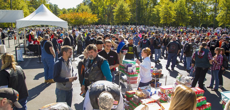 Around 1,300 bikers gathered at the Billy Graham Library in Charlotte, North Carolina, on Saturday, October 17, 2015, for the eighth annual "Bikers With Boxes" charity event, meant to benefit the "Operation Christmas Child" seasonal charity.