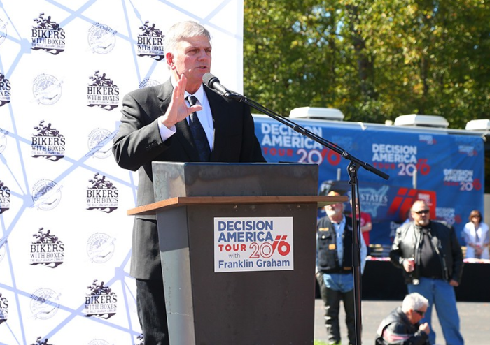 The Rev. Franklin Graham, CEO of Samaritan's Purse and the Billy Graham Evangelistic Association, gives remarks at the eighth annual Bikers With Boxes event at the Billy Graham Library in Charlotte, North Carolina, October 17, 2015.