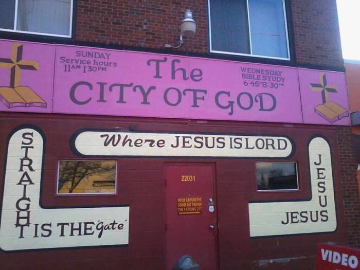 The facade of the City of God Church in Detroit, Michigan.