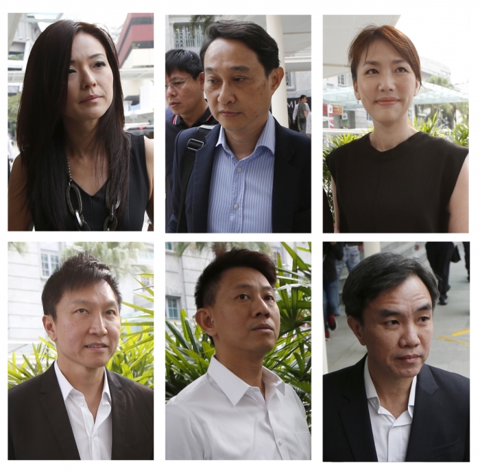 A combination photo shows City Harvest Church's members (top L-R to bottom L-R), former finance manager Serina Wee, former fund manager Chew Eng Han, former finance manager Sharon Tan, founder Kong Hee, deputy senior pastor Tan Ye Peng and former treasurer John Lam arriving at the State Courts in Singapore, October 21, 2015, where a verdict is expected to be delivered for their trial of misappropriating S million (.5 million) of church funds and falsifying the church's accounts.