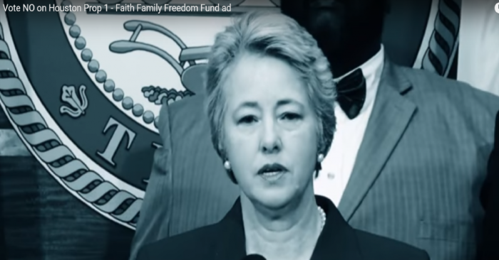 Houston Mayor Annise Parker in a Family Research Council Action ad opposing Proposition 1.