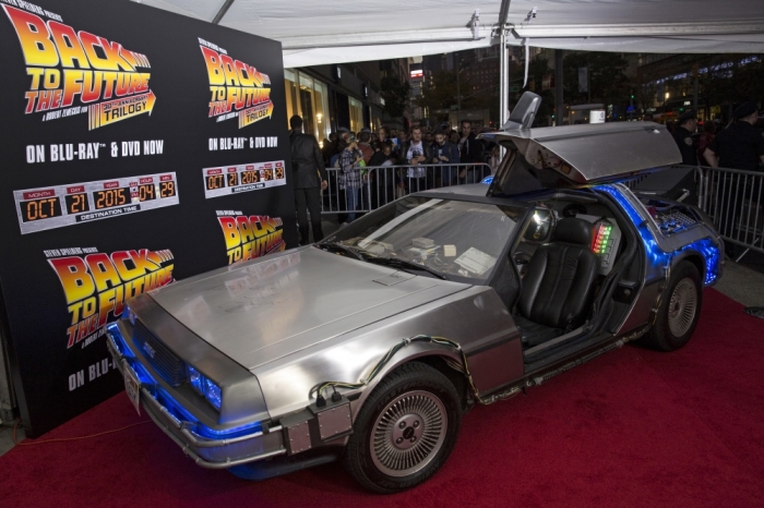 A DeLorean Motor Company DMC-12 sits on the red carpet at the 'Back to the Future' 30th Anniversary Trilogy screening in the Manhattan borough of New York, October 21, 2015.