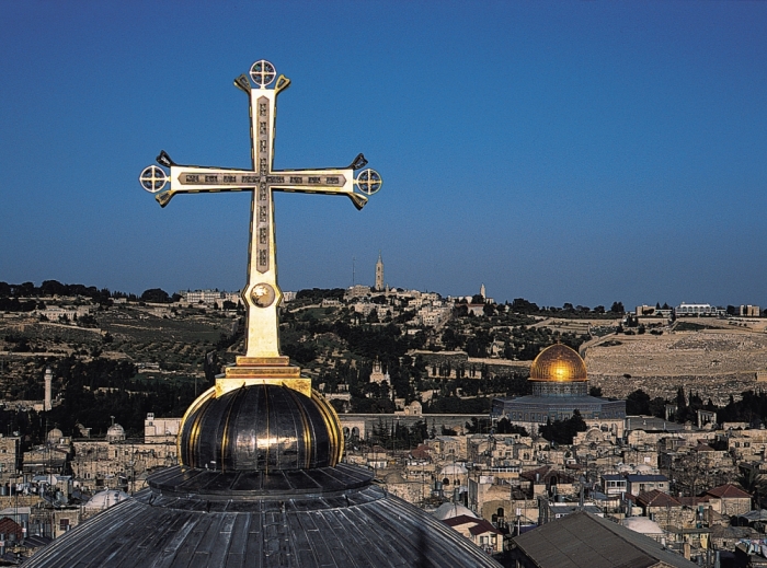 The Golgotha Crucifix atop the Church of the Holy Sepulchre in Jerusalem.