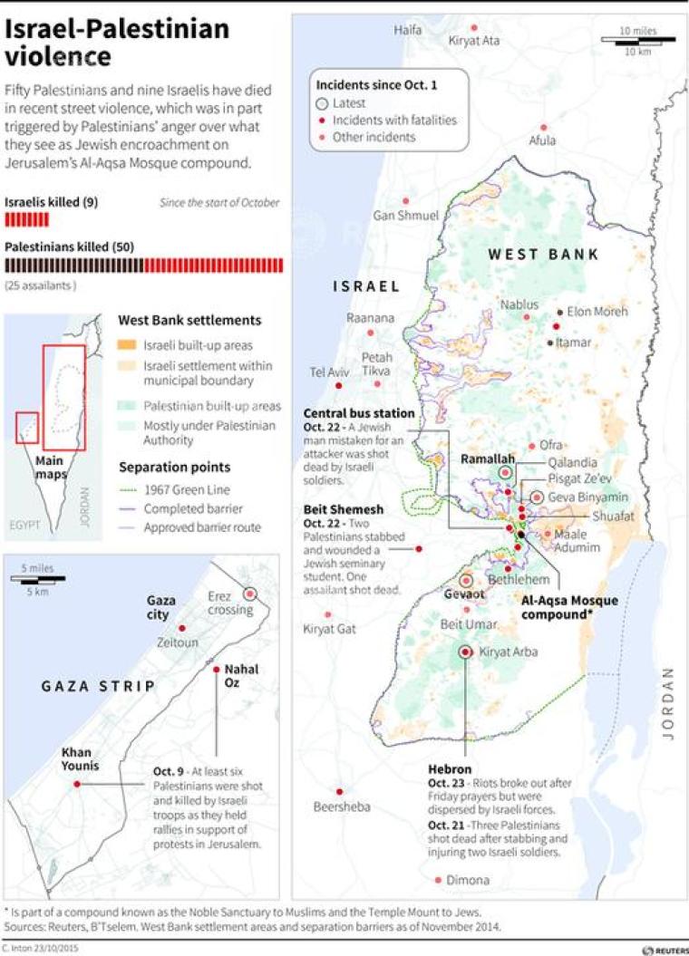 Locates recent street violence in Israel and the Palestinian territories. Includes West Bank settlement and separation areas
