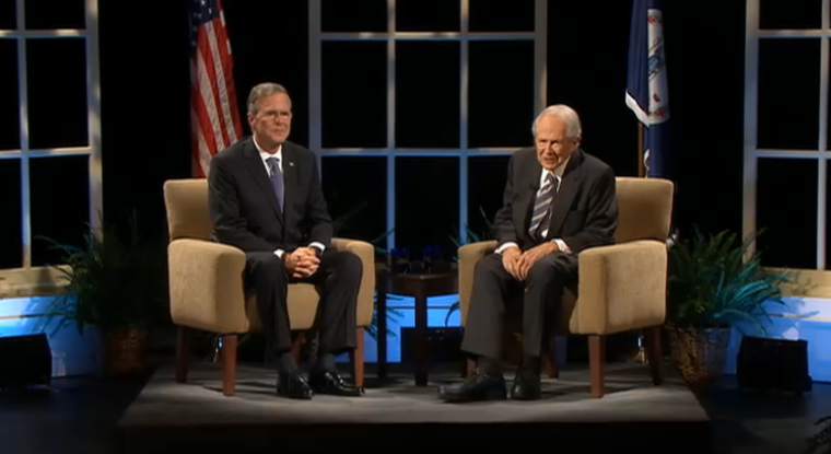 Republican presidential hopeful and former governor of Florida Jeb Bush answers questions from Pat Robertson during a presidential candidate forum at Regent University in Virginia Beach, Virginia, on Friday, October 23, 2015.