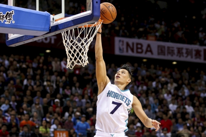 Charlotte Hornets guard Jeremy Lin goes up to the basket during the 2015 NBA Global Games against Los Angeles Clippers in Shenzhen, Guangdong province, China, October 11, 2015.