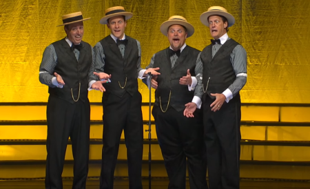 Main Street barbershop quartet performs a humorous musical medley.